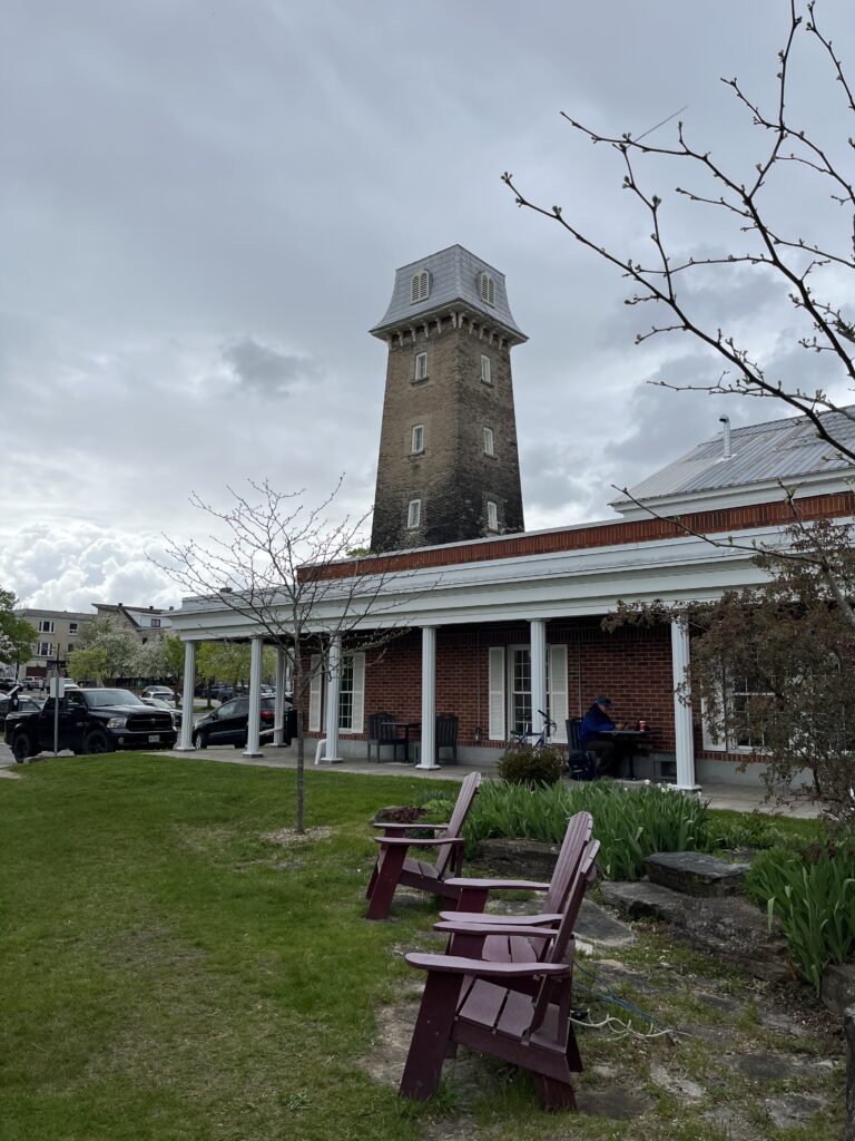 Photo from the library garden of the library towner. I'm not sure what it was once used for. Maybe a fire station?